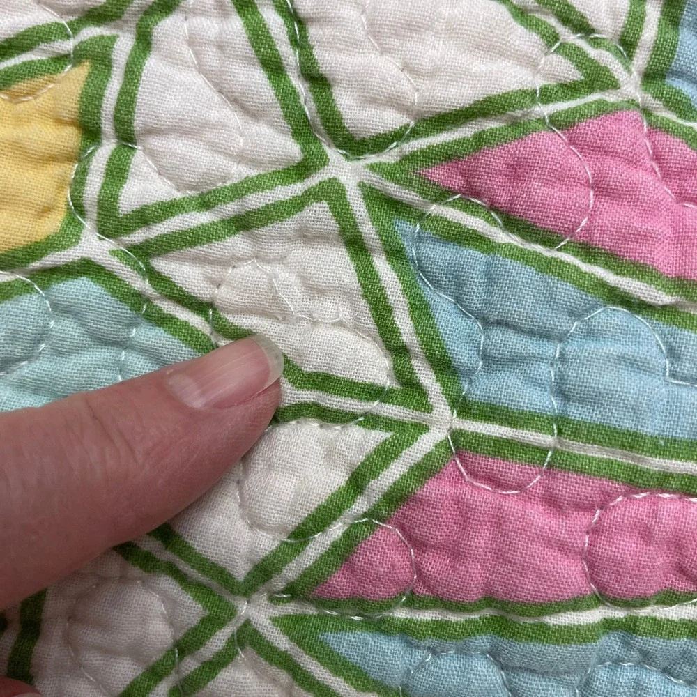 Geometric Floral Reversible Quilted‎ Coverlet Size Twin Pink Stained Glass Motif